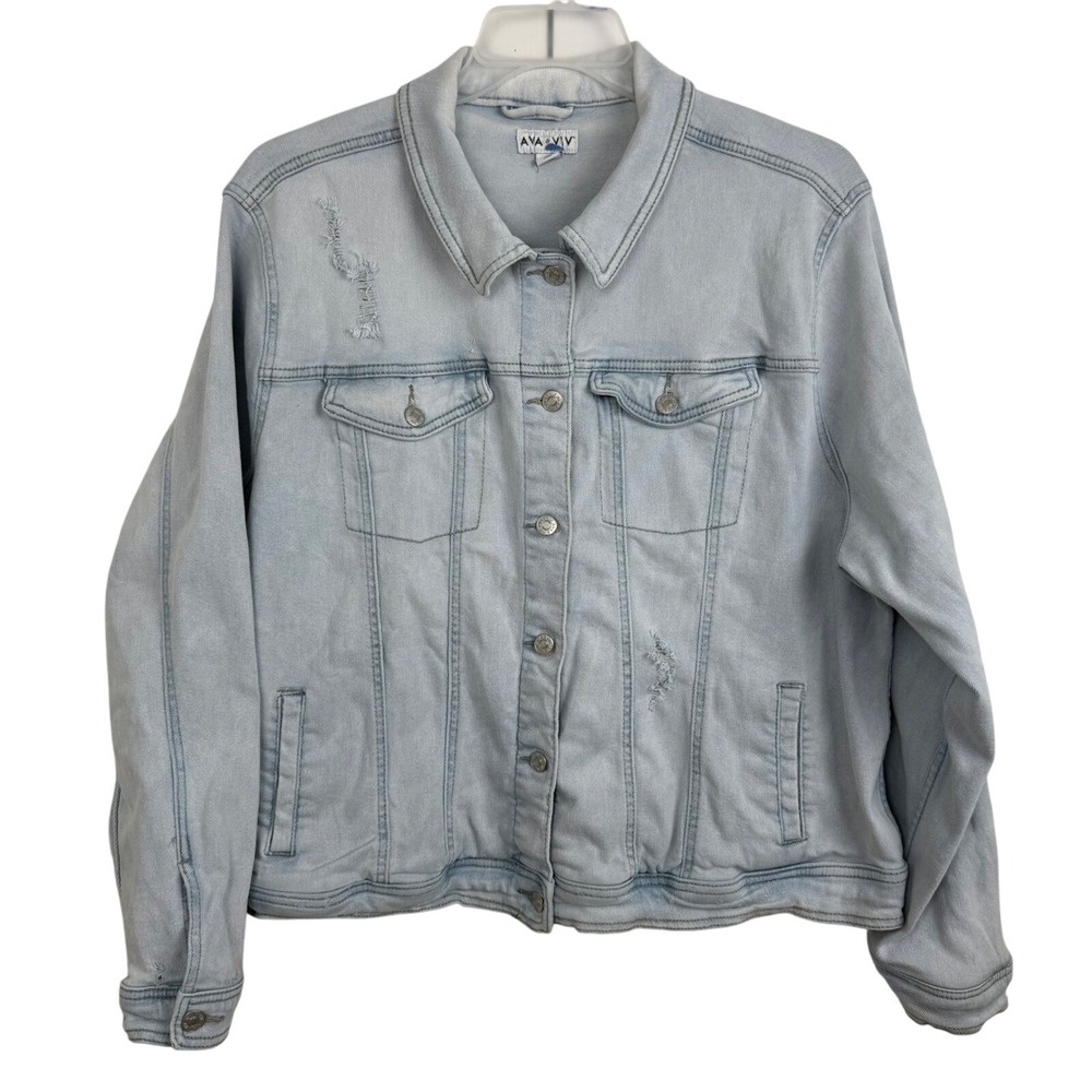 AVA & VIV Womens 3X Plus Denim Jacket‎ Light Wash Distressed Jean Button Trucker